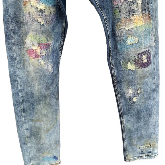 SMUGGLERS MOON MENS JEANS DISTRESSED ARTIST SPLATTER/PATCH LOOK HTF SZ 33W - Picture 5 of 5